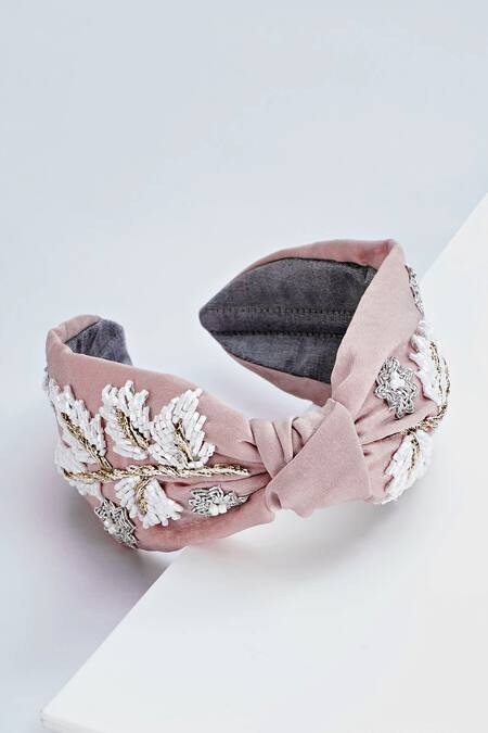 Shop Joey & Pooh Pink Embroidered Floral Hairband at Aza Fashions Shop_Joey & Pooh_Pink Embroidered Floral Hairband_at_Aza_Fashions