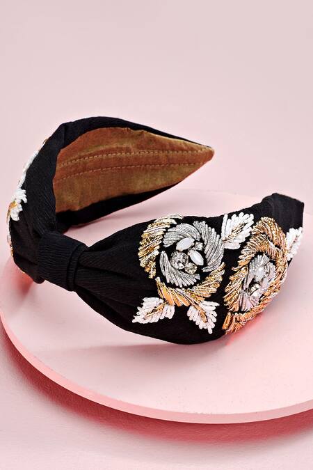 Shop Joey & Pooh Black Embroidery Jacqueline Hairband at Aza Fashions Shop_Joey & Pooh_Black Embroidery Jacqueline Hairband _at_Aza_Fashions