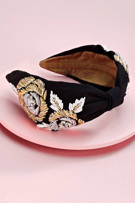 Shop Joey & Pooh Black Embroidery Jacqueline Hairband Online at Aza Fashions Shop_Joey & Pooh_Black Embroidery Jacqueline Hairband _Online_at_Aza_Fashions