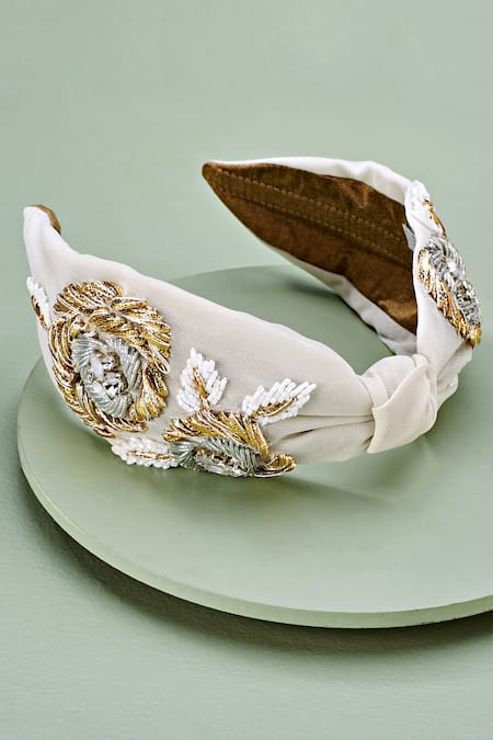 Joey & Pooh_White Embroidered Jacqueline Hairband _Online_at_Aza_Fashions