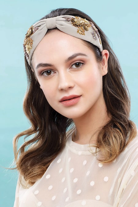 Joey & Pooh Beige Embroidered Floral Hairband 