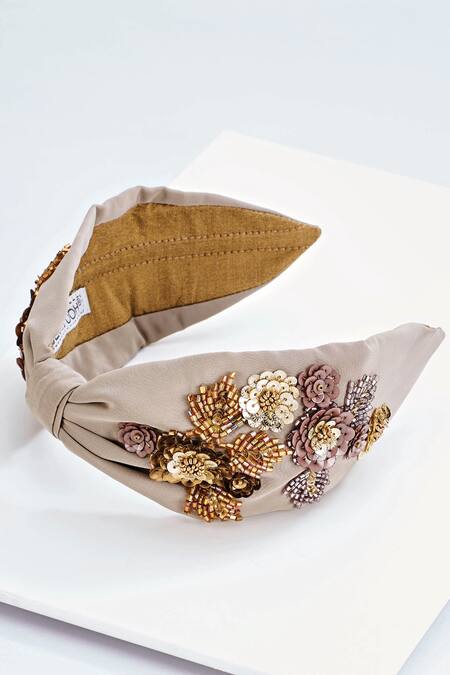 Joey & Pooh Floral Embroidered Beige Hairband 