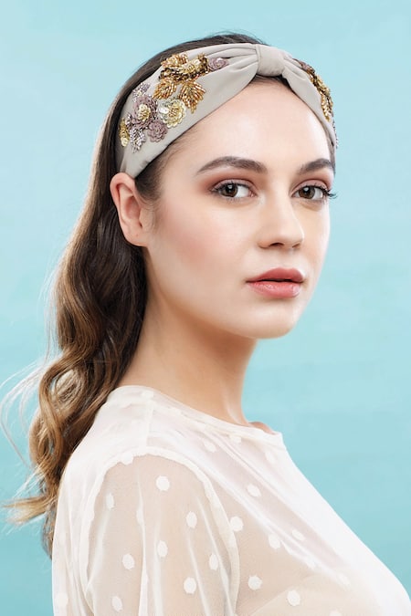 Joey & Pooh_Beige Embroidered Floral Hairband _Online_at_Aza_Fashions