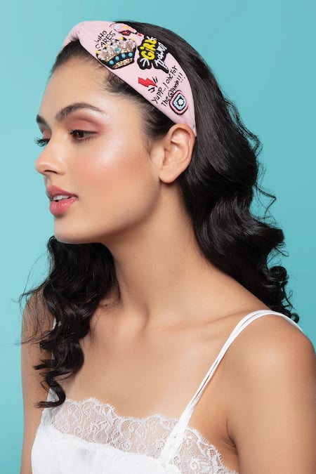 Joey & Pooh Pink Embroidered Alba And Knotted Hairband Online at Aza Fashions Joey & Pooh_Pink Embroidered Alba And Knotted Hairband _Online_at_Aza_Fashions