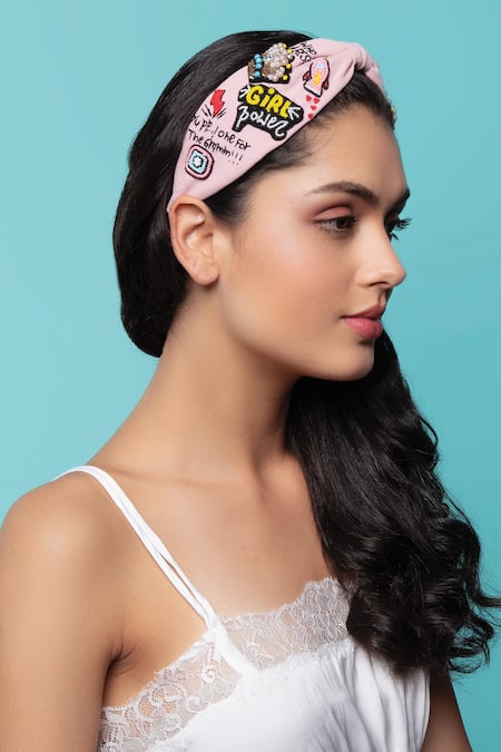 Buy Joey & Pooh Pink Embroidered Alba And Knotted Hairband Online at Aza Fashions Buy_Joey & Pooh_Pink Embroidered Alba And Knotted Hairband _Online_at_Aza_Fashions