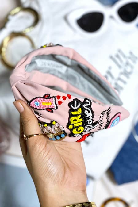 Shop Joey & Pooh Pink Embroidered Alba And Knotted Hairband Online at Aza Fashions Shop_Joey & Pooh_Pink Embroidered Alba And Knotted Hairband _Online_at_Aza_Fashions
