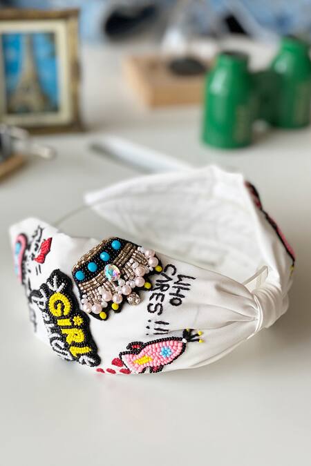 Joey & Pooh_White Embroidered Alba Bead And Stone Work Hairband _Online_at_Aza_Fashions