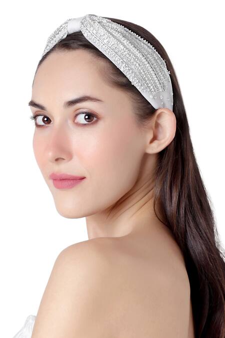 Joey & Pooh_White Embroidered Taylor Hairband _Online_at_Aza_Fashions