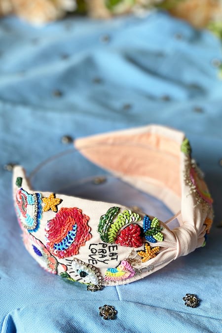 Shop Joey & Pooh Peach Embroidered Hairband Online at Aza Fashions Shop_Joey & Pooh_Peach Embroidered Hairband _Online_at_Aza_Fashions