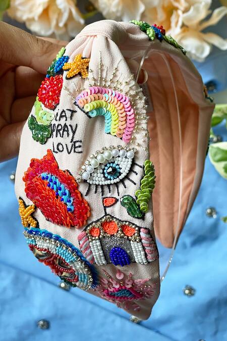 Joey & Pooh Peach Embroidered Hairband at Aza Fashions Joey & Pooh_Peach Embroidered Hairband _at_Aza_Fashions