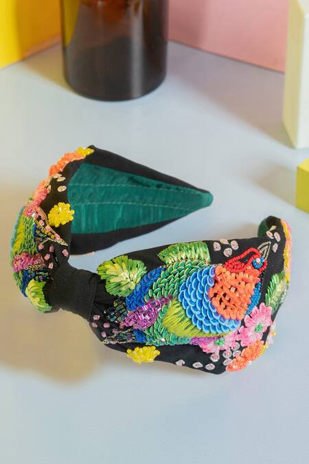 Joey & Pooh_Black Embroidered Ivana Hairband_Online_at_Aza_Fashions