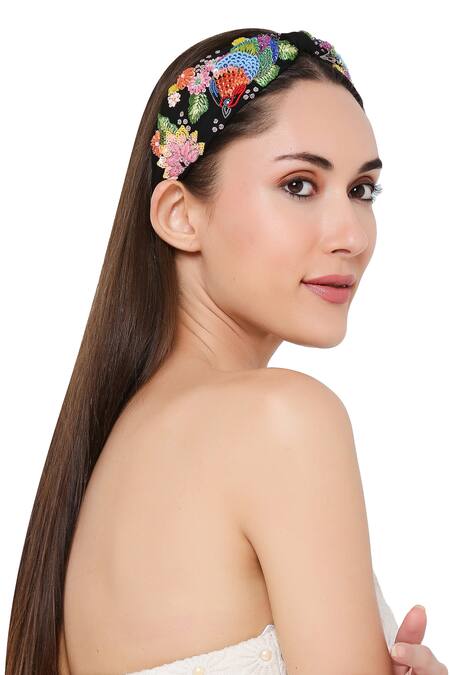 Shop_Joey & Pooh_Black Embroidered Ivana Hairband_Online_at_Aza_Fashions
