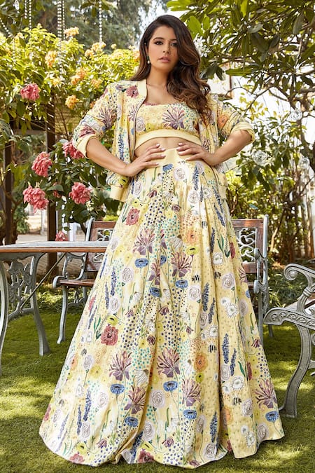 Payal Singhal Yellow Art Crepe Printed Bee Garden Blouse Scoop Jacket With Lehenga Set 