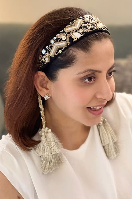 Buy_Payal Singhal Accessories_Black Embroidered Afrah Headband_Online_at_Aza_Fashions