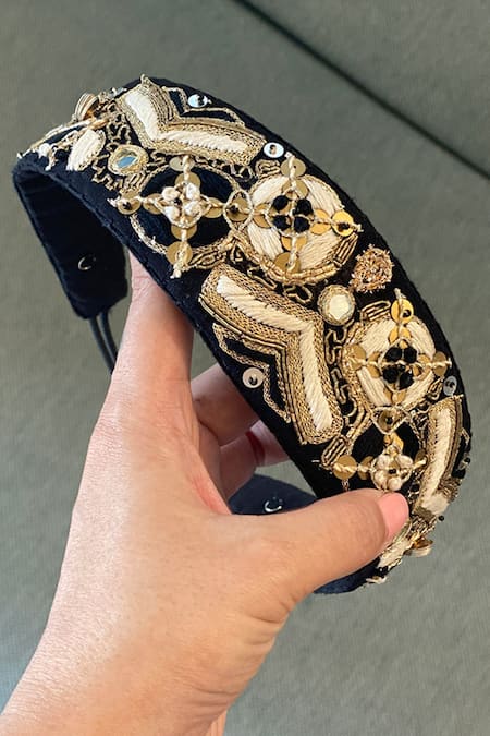 Shop_Payal Singhal Accessories_Black Embroidered Afrah Headband_Online_at_Aza_Fashions