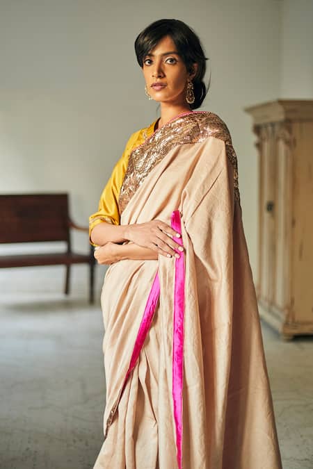 Shorshe Clothing_Beige Chanderi Saree _Online_at_Aza_Fashions