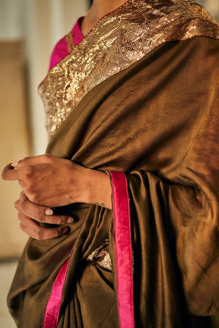 Buy_Shorshe Clothing_Green Chanderi Saree_Online_at_Aza_Fashions