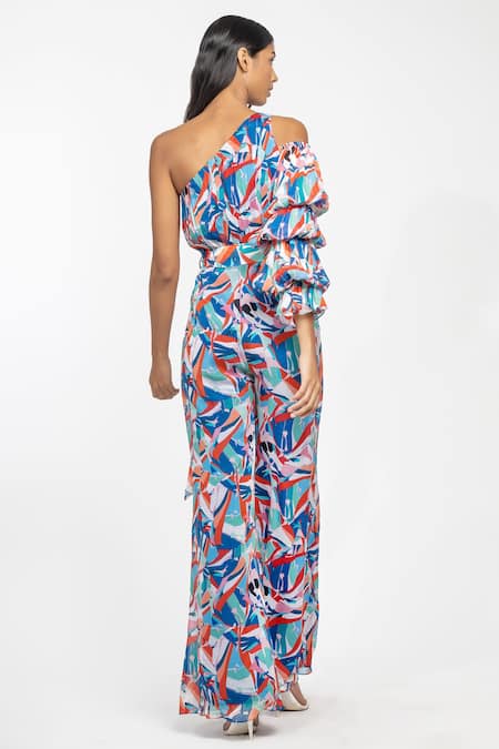 Shop Mandira Wirk Resort Blue Chiffon Geometric Print One Shoulder Jumpsuit at Aza Fashions Shop_Mandira Wirk Resort_Blue Chiffon Geometric Print One Shoulder Jumpsuit _at_Aza_Fashions