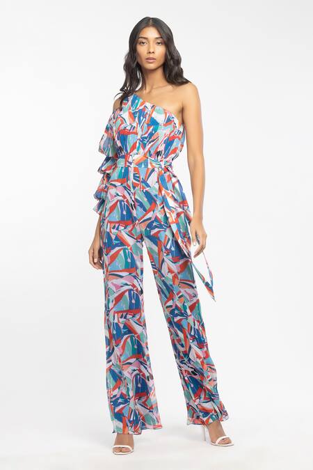 Mandira Wirk Resort Blue Chiffon Geometric Print One Shoulder Jumpsuit Online at Aza Fashions Mandira Wirk Resort_Blue Chiffon Geometric Print One Shoulder Jumpsuit _Online_at_Aza_Fashions