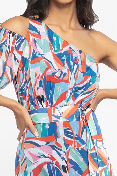 Buy Mandira Wirk Resort Blue Chiffon Geometric Print One Shoulder Jumpsuit Online at Aza Fashions Buy_Mandira Wirk Resort_Blue Chiffon Geometric Print One Shoulder Jumpsuit _Online_at_Aza_Fashions