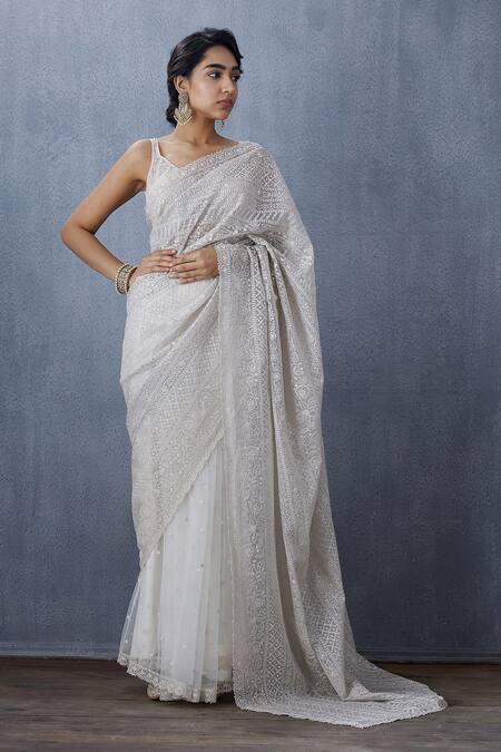 White Shimmer Stone Border Saree - Frontier Heritage