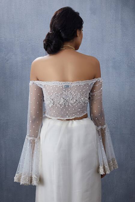 Shop Torani White Tulle Floral Sweetheart Neck Swetah Ela Off Shoulder Blouse at Aza Fashions Shop_Torani_White Tulle Floral Sweetheart Neck Swetah Ela Off Shoulder Blouse_at_Aza_Fashions