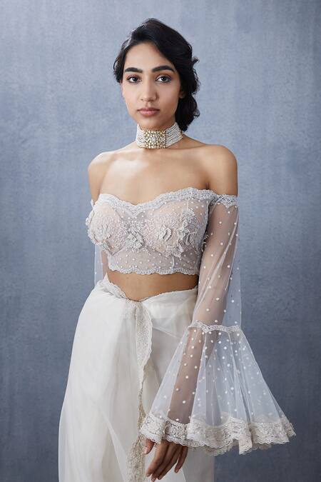 Buy Torani White Tulle Floral Sweetheart Neck Swetah Ela Off Shoulder Blouse Online at Aza Fashions Buy_Torani_White Tulle Floral Sweetheart Neck Swetah Ela Off Shoulder Blouse_Online_at_Aza_Fashions
