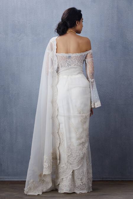 Torani White Tulle Floral Sweetheart Neck Swetah Ela Off Shoulder Blouse at Aza Fashions Torani_White Tulle Floral Sweetheart Neck Swetah Ela Off Shoulder Blouse_at_Aza_Fashions