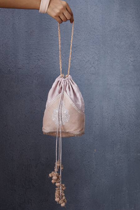 Shop_Torani_Peach Beads Handwoven Chanderi Embroidered Potli_at_Aza_Fashions