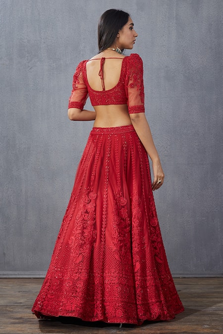 Shop_Torani_Red Cotton Silk, Dupion Blouse Net, Lehenga Net, Surkh Mrinal Bridal Set _at_Aza_Fashions