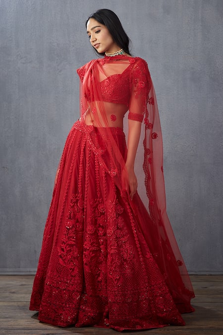 Torani_Red Cotton Silk, Dupion Blouse Net, Lehenga Net, Surkh Mrinal Bridal Set _Online_at_Aza_Fashions