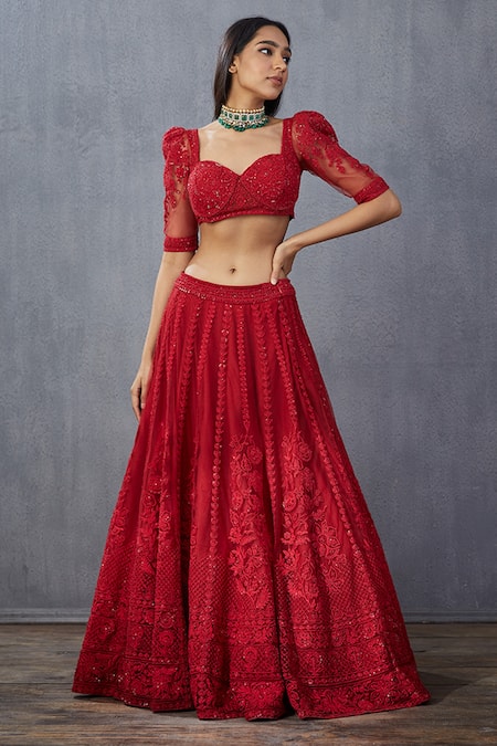 Buy_Torani_Red Cotton Silk, Dupion Blouse Net, Lehenga Net, Surkh Mrinal Bridal Set _Online_at_Aza_Fashions