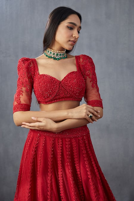 Torani_Red Cotton Silk, Dupion Blouse Net, Lehenga Net, Surkh Mrinal Bridal Set _at_Aza_Fashions
