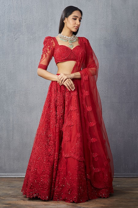 Torani Red Lehenga Net Embroidered Floral Sweetheart Neck Surkh Hansini Bridal Set 