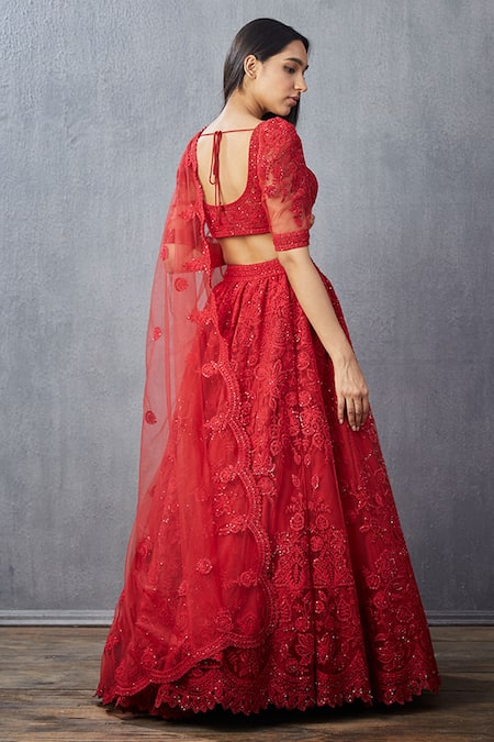 Shop_Torani_Red Lehenga Net Embroidered Floral Sweetheart Neck Surkh Hansini Bridal Set _at_Aza_Fashions