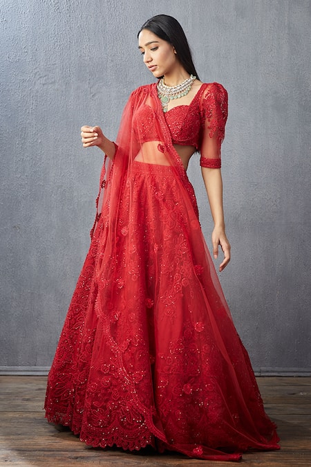 Torani_Red Lehenga Net Embroidered Floral Sweetheart Neck Surkh Hansini Bridal Set _Online_at_Aza_Fashions