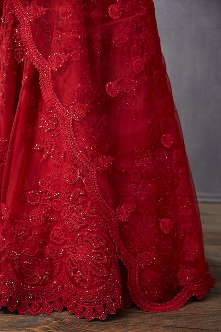 Shop_Torani_Red Lehenga Net Embroidered Floral Sweetheart Neck Surkh Hansini Bridal Set _Online_at_Aza_Fashions