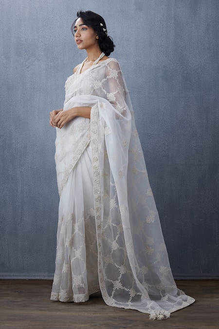 Torani_White Organza, Tulle Floral Leaf Neck Swetah Faraah Blouse_Online_at_Aza_Fashions