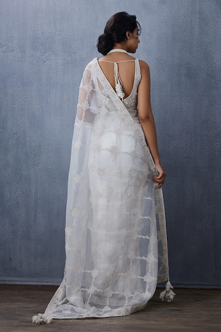 Buy_Torani_White Organza, Tulle Floral Leaf Neck Swetah Faraah Blouse_Online_at_Aza_Fashions