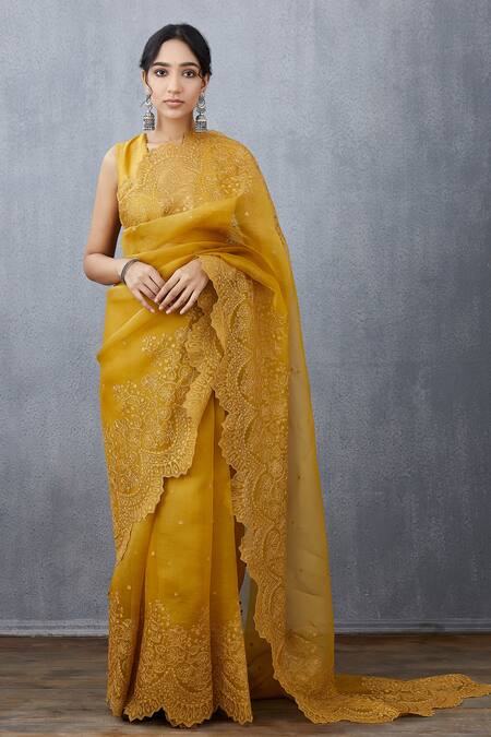 Torani_Yellow Silk Organza Saree_Online_at_Aza_Fashions