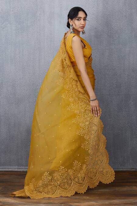 Shop_Torani_Yellow Silk Organza Saree_at_Aza_Fashions