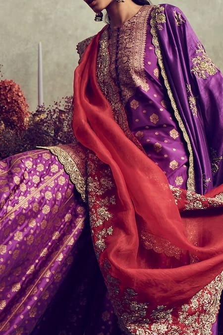 Shop Jayanti Reddy Red Banarasi Round Floral Embroidered Kurta Sharara Set at Aza Fashions Shop_Jayanti Reddy_Red Banarasi Round Floral Embroidered Kurta Sharara Set _at_Aza_Fashions