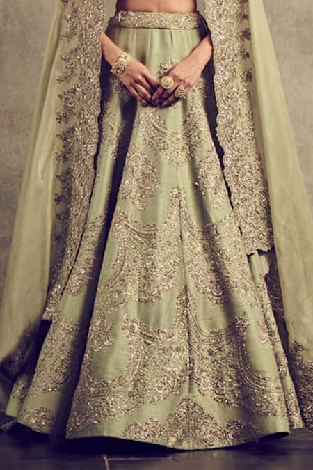 Jayanti Reddy_Green Raw Silk V Neck Embroidered Bridal Lehenga Set _Online_at_Aza_Fashions