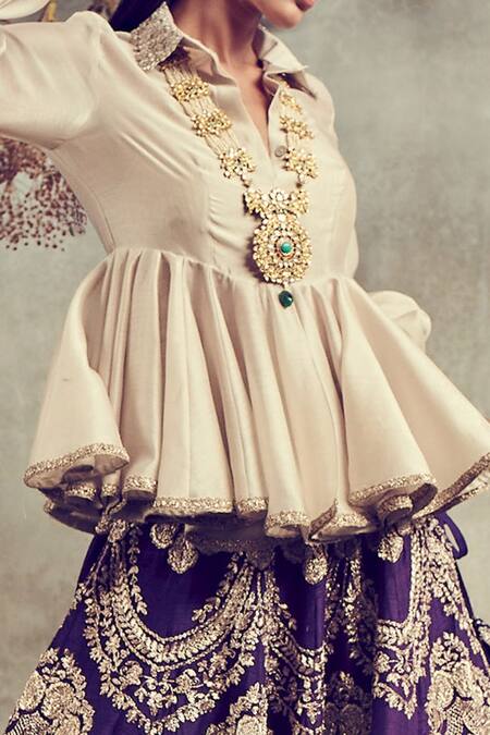 Shop Jayanti Reddy Beige Raw Silk Collared Neck Peplum Kurta And Lehenga Set at Aza Fashions Shop_Jayanti Reddy_Beige Raw Silk Collared Neck Peplum Kurta And Lehenga Set_at_Aza_Fashions