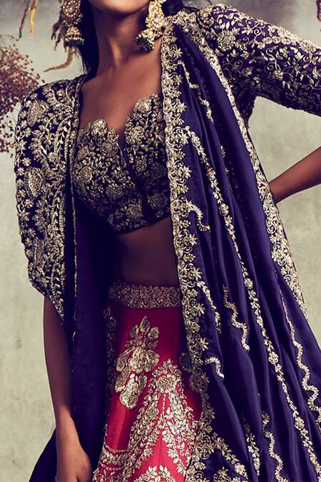 Shop_Jayanti Reddy_Red Raw Silk Blousesweetheart Neckcapeopen Cape And Lehenga Set_at_Aza_Fashions