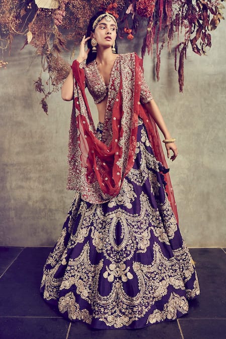 Buy Purple Embroidered Floral Scoop Neck Bridal Lehenga Set For Women by  Riantas Online at Aza Fashions.