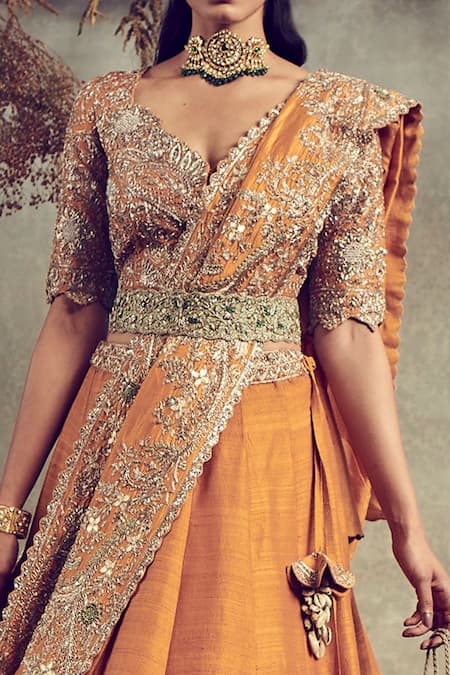 Jayanti Reddy_Yellow Raw Silk V Neck Embroidered Bridal Lehenga Set _Online_at_Aza_Fashions