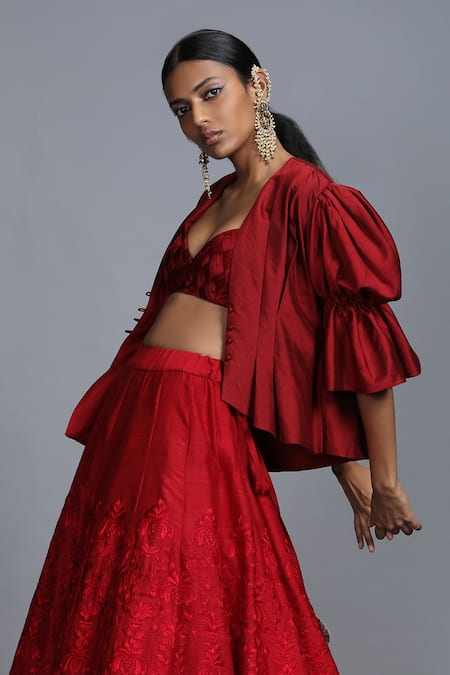 Shop Jayanti Reddy Red Puff Sleeve Jacket And Lehenga Set at Aza Fashions Shop_Jayanti Reddy_Red Puff Sleeve Jacket And Lehenga Set _at_Aza_Fashions