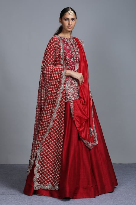 Jayanti Reddy Maroon Embroidered Tunic Lehenga Set 