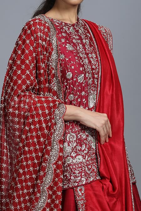 Shop Jayanti Reddy Maroon Embroidered Tunic Lehenga Set at Aza Fashions Shop_Jayanti Reddy_Maroon Embroidered Tunic Lehenga Set _at_Aza_Fashions